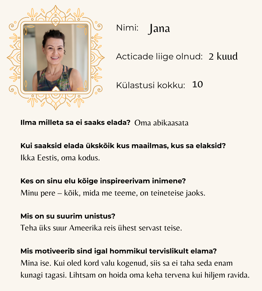 Jana sõbraraamatu lehekülg: Ilma milleta sa ei saaks elada?
Oma abikaasata.

Kui saaksid elada ükskõik kus maailmas, kus sa elaksid?
Eestis, ikka oma kodus.

Kes on sinu elu kõige inspireerivam inimene?
Minu pere – kõik, mida me teeme, on nende jaoks.

Mis on su lemmik “cheat meal”?
Eks ikka need väikesed patud, mida aeg-ajalt luban.

Mis on su suurim unistus “soovinimekirjas”?
Teha üks suur Ameerika reis – ühest servast teise.

Mis motiveerib sind igal hommikul tervislikult elama?
Mina ise. Kui oled valu kogenud, siis ei taha seda enam kunagi tagasi – lihtsam on hoida oma keha tervena kui hiljem ravida.